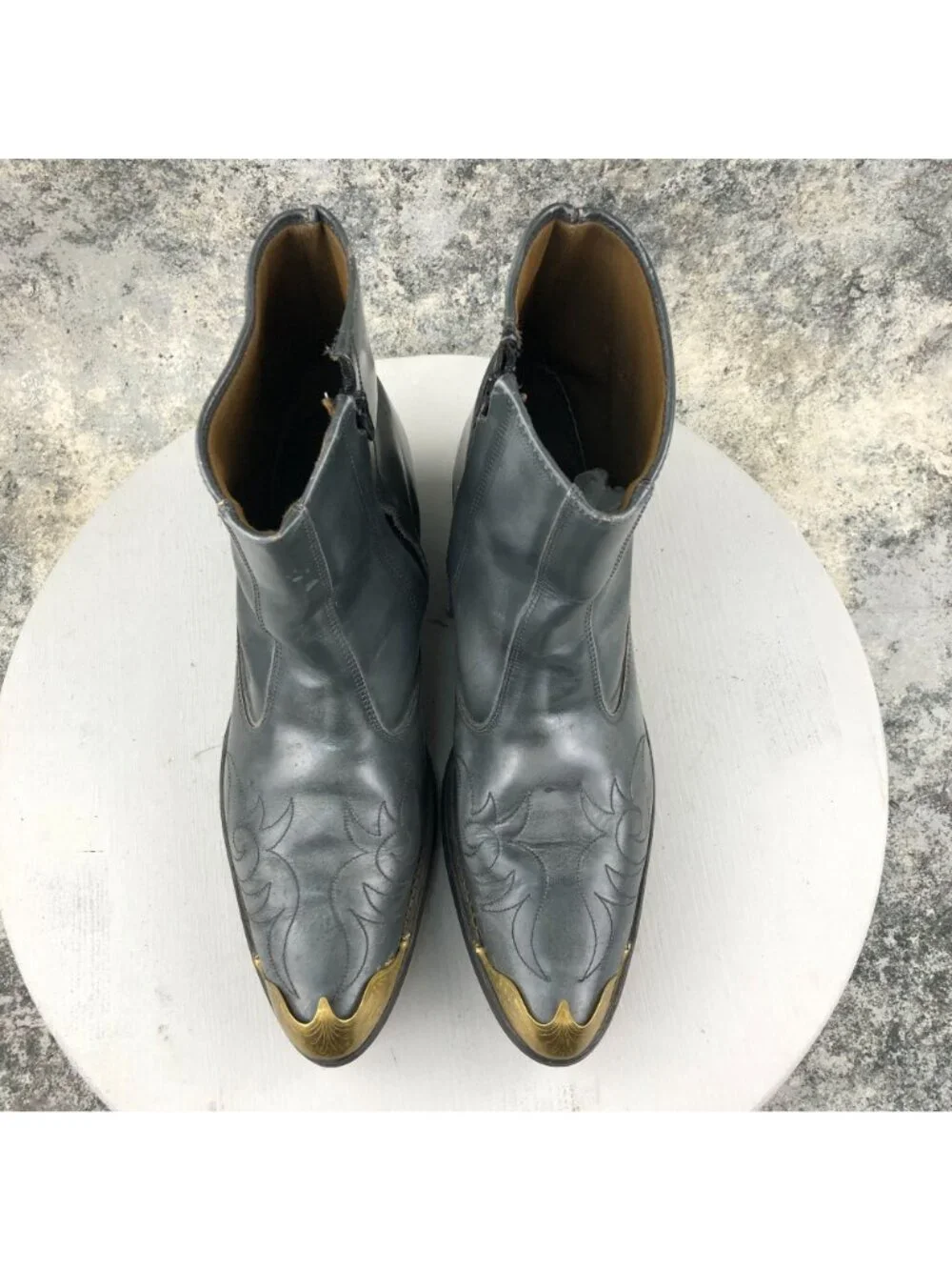 Acme VTG Mens Size 11D Dark Grey Gold Metal Toe Caps Side Zip Cowboy Ankle Boots